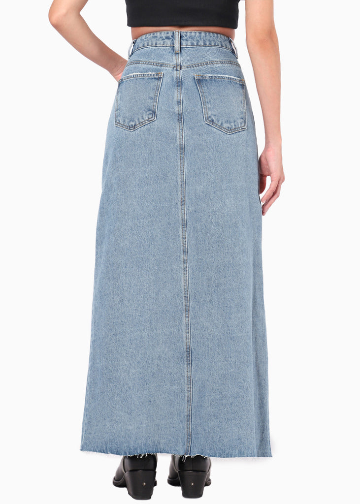 Falda larga de jean con abertura en frente color azul, denim para mujer - Flashy