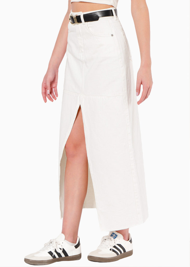 Falda larga de jean con abertura en frente color marfil, denim, blanco para mujer - Flashy