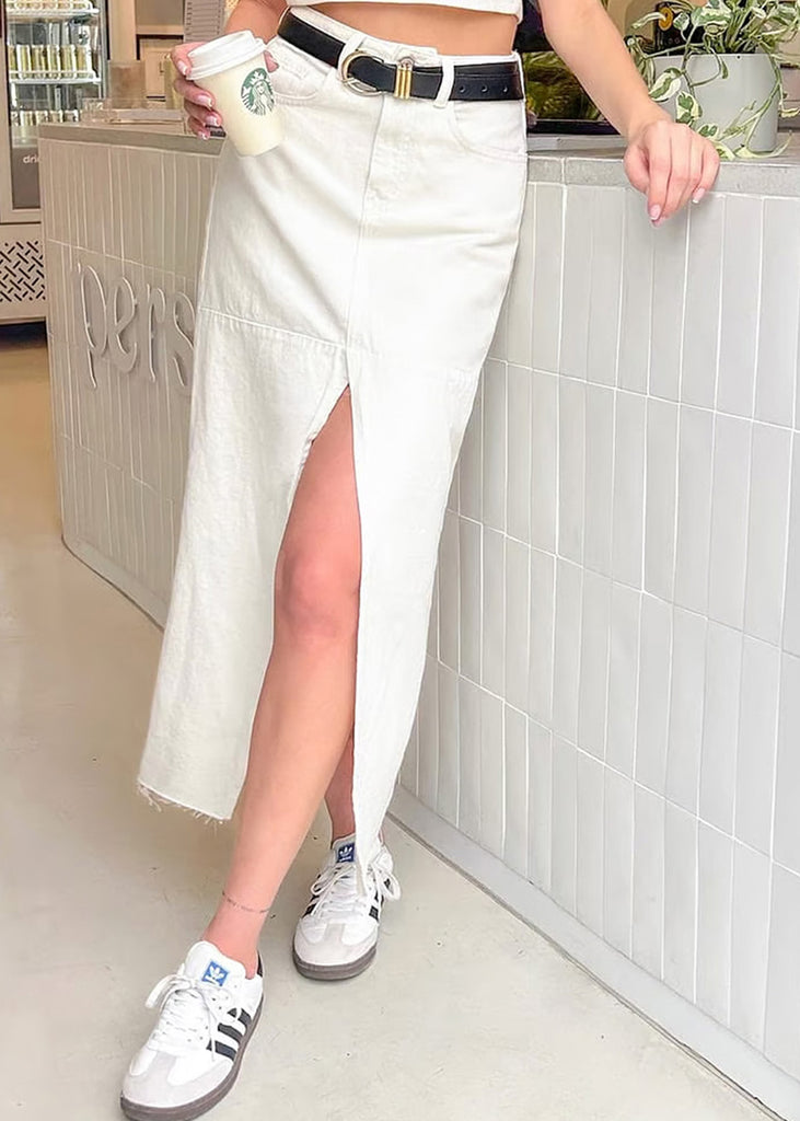 Falda larga de jean con abertura en frente color marfil, denim, blanco para mujer - Flashy