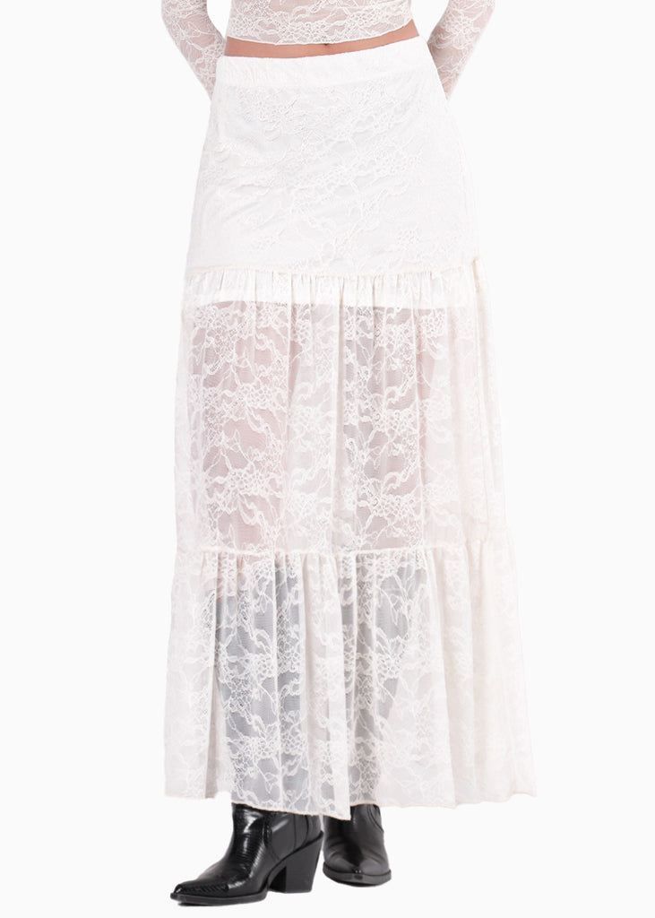 Falda larga en blonda con cortes y forro color blanco, marfil para mujer - Flashy