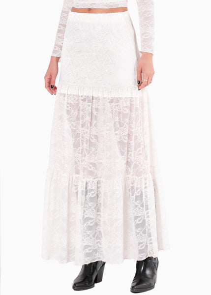 Falda larga en blonda con cortes y forro color blanco, marfil para mujer - Flashy