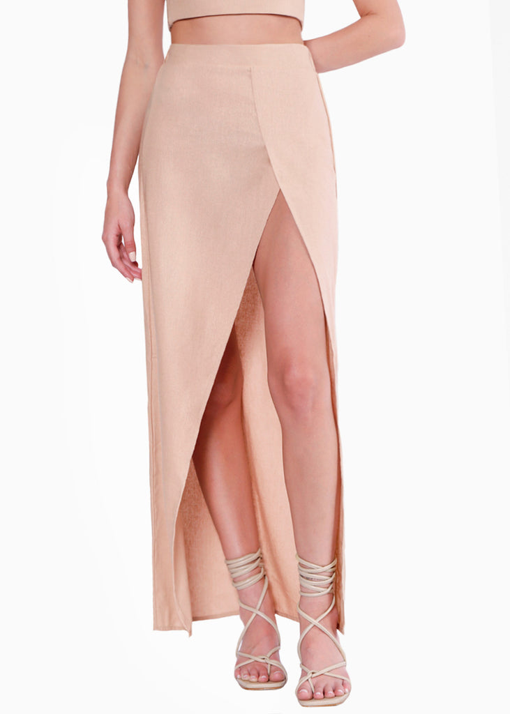 Falda larga tipo lino con abertura en costado color beige para mujer - Flashy
