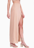 Falda larga tipo lino con abertura en costado color beige para mujer - Flashy