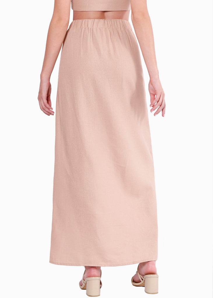 Falda larga tipo lino con abertura en costado color beige para mujer - Flashy