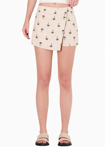 Falda short cruzada con estampado de palmeras color beige para mujer - Flashy