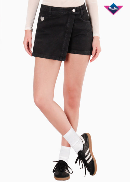 Falda short denim con corazon bordado en bolsillo para mujer - Flashy
