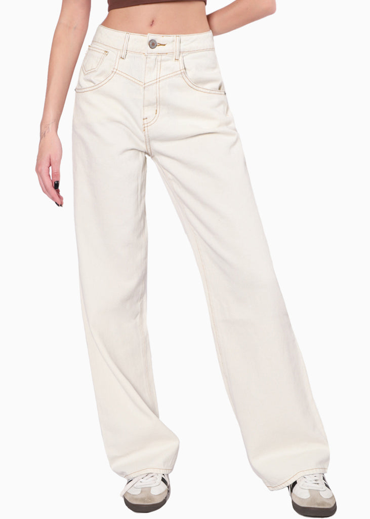 Jean recto con hilos en contraste y tiro medio color marfil, denim para mujer - Flashy