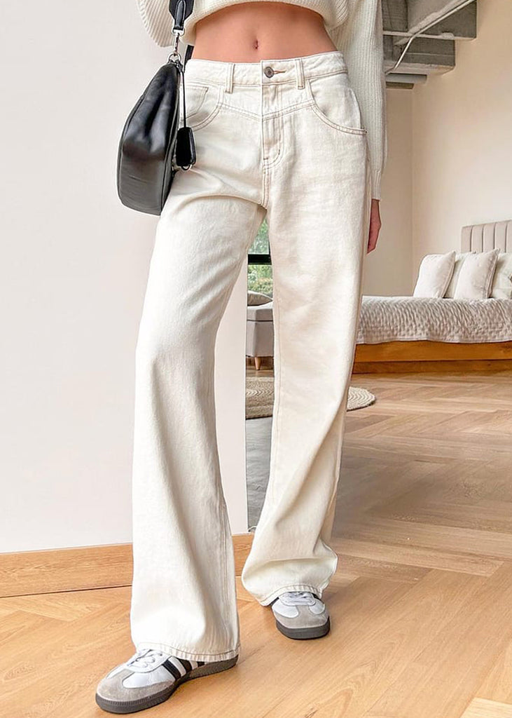 Jean recto con hilos en contraste y tiro medio color marfil, denim para mujer - Flashy