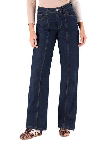 Jean indigo oscuro recto con cortes en el centro color azul para mujer - Flashy