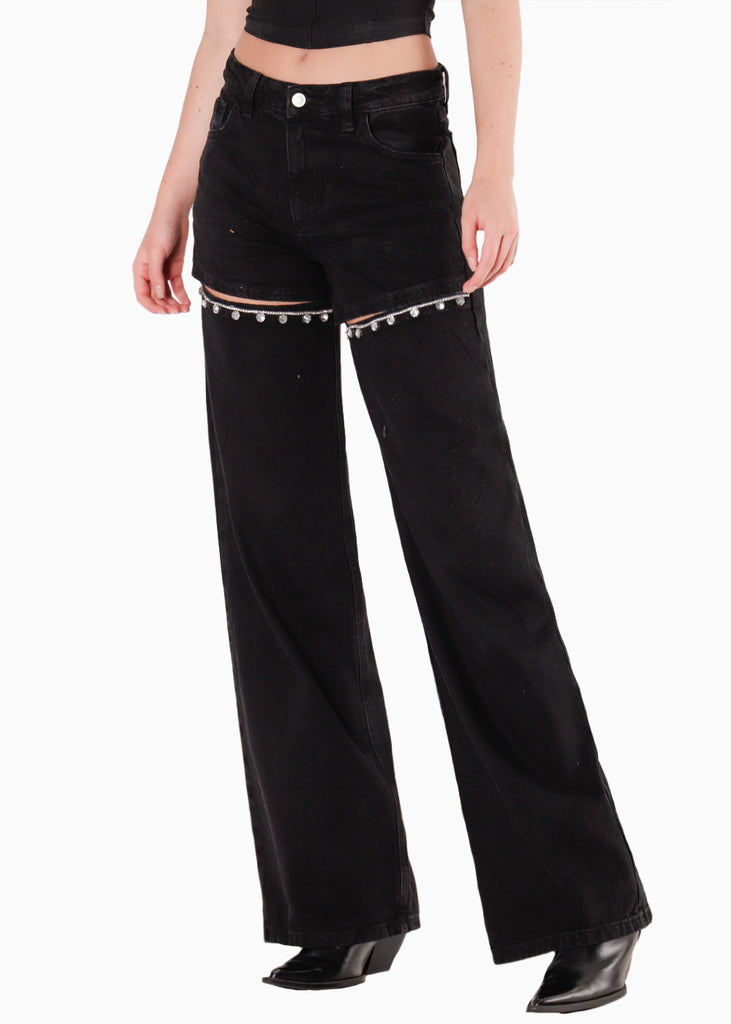 Jean wide leg con corte y brillos para mujer - Flashy