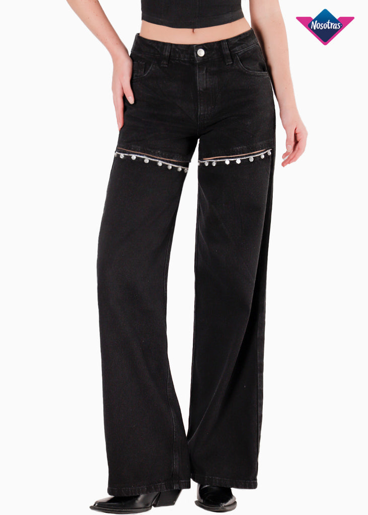Jean wide leg con corte y brillos para mujer - Flashy