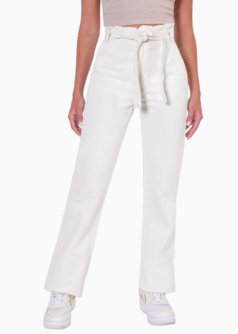 Jean paperbag flare de tiro alto color marfil, denim para mujer - Flashy