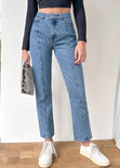 Jean recto con cortes y de tiro alto color azul, denim para mujer - Flashy