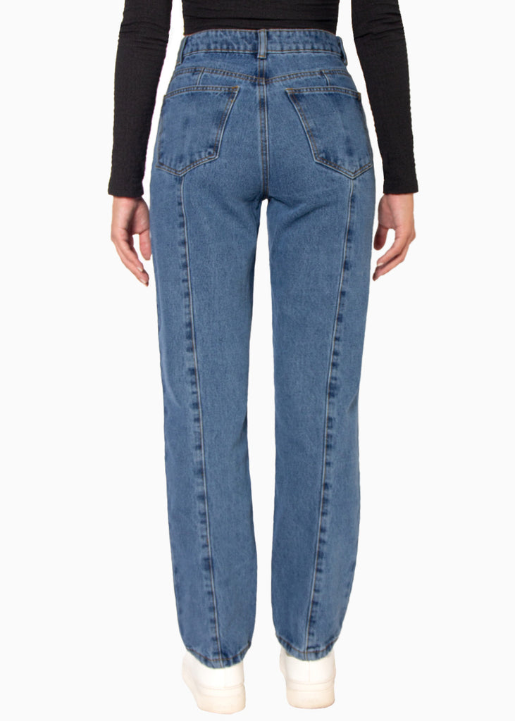 Jean recto con cortes y de tiro alto color azul, denim para mujer - Flashy