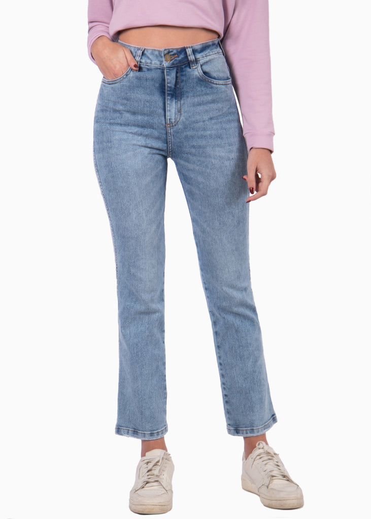 Jean recto corto de tiro alto color azul, denim para mujer - Flashy