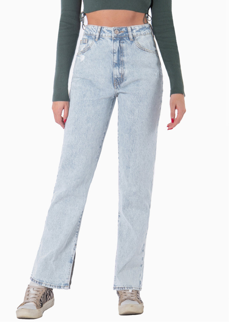 Jean recto de tiro alto con abertura en bota color azul, denim para mujer - Flashy