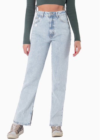 Jean recto de tiro alto con abertura en bota color azul, denim para mujer - Flashy