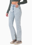 Jean recto de tiro alto con abertura en bota color azul, denim para mujer - Flashy