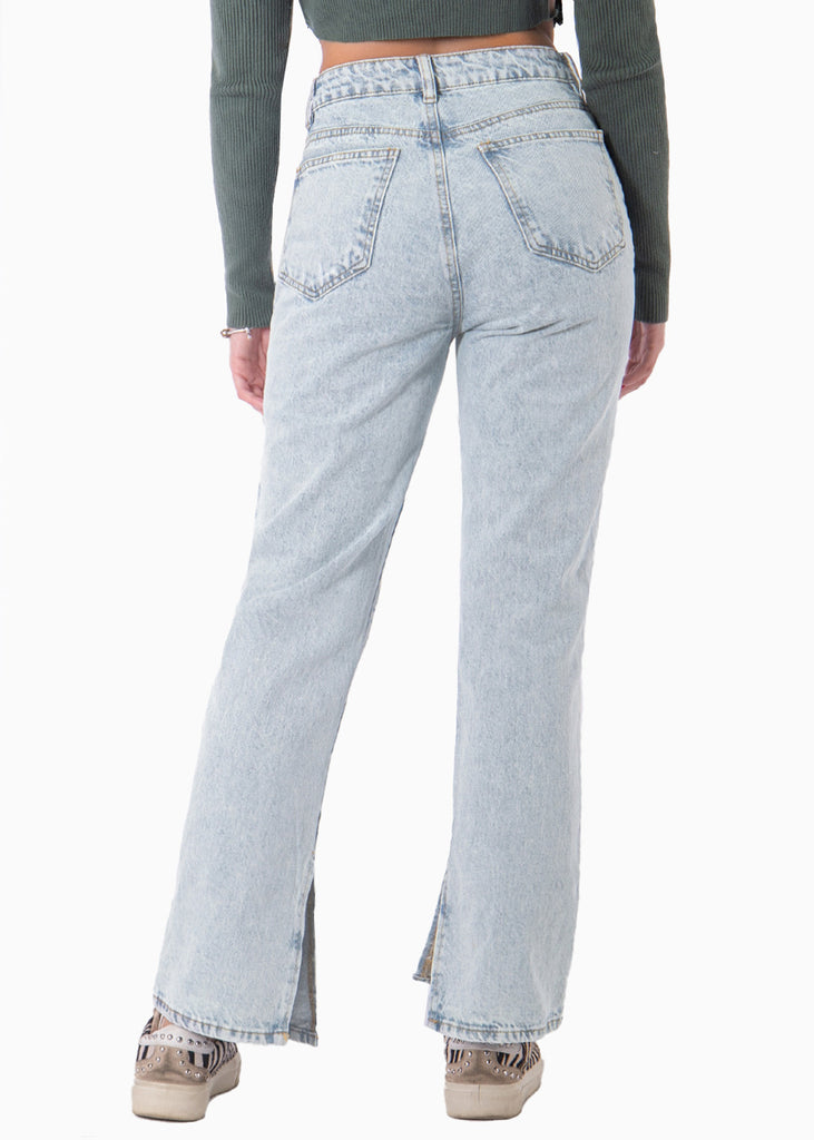 Jean recto de tiro alto con abertura en bota color azul, denim para mujer - Flashy