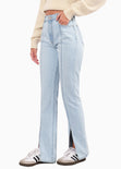 Jean flare de tiro alto con abertura en bota y cortes color azul, denim para mujer - Flashy