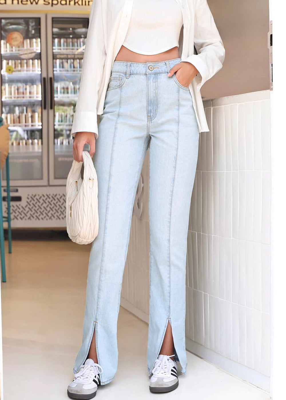 Jeans Tiro Pantalones Altos Con Blusas Cortas Jean Campana Tiro