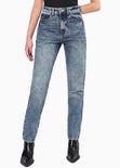 Jean recto de tiro alto con brillantes en bolsillos color azul, denim para mujer - Flashy