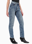 Jean recto de tiro alto con brillantes en bolsillos color azul, denim para mujer - Flashy