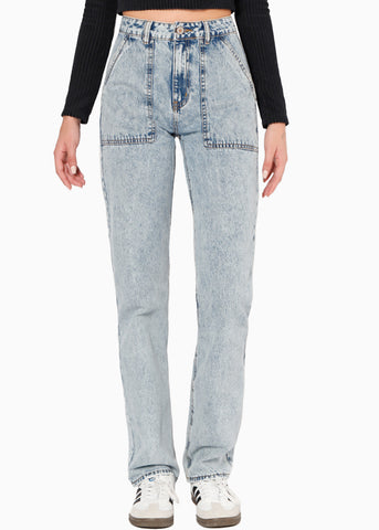 Jean recto de tiro alto con corte en bolsillo color azul, denim para mujer - Flashy