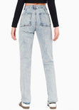 Jean recto de tiro alto con corte en bolsillo color azul, denim para mujer - Flashy