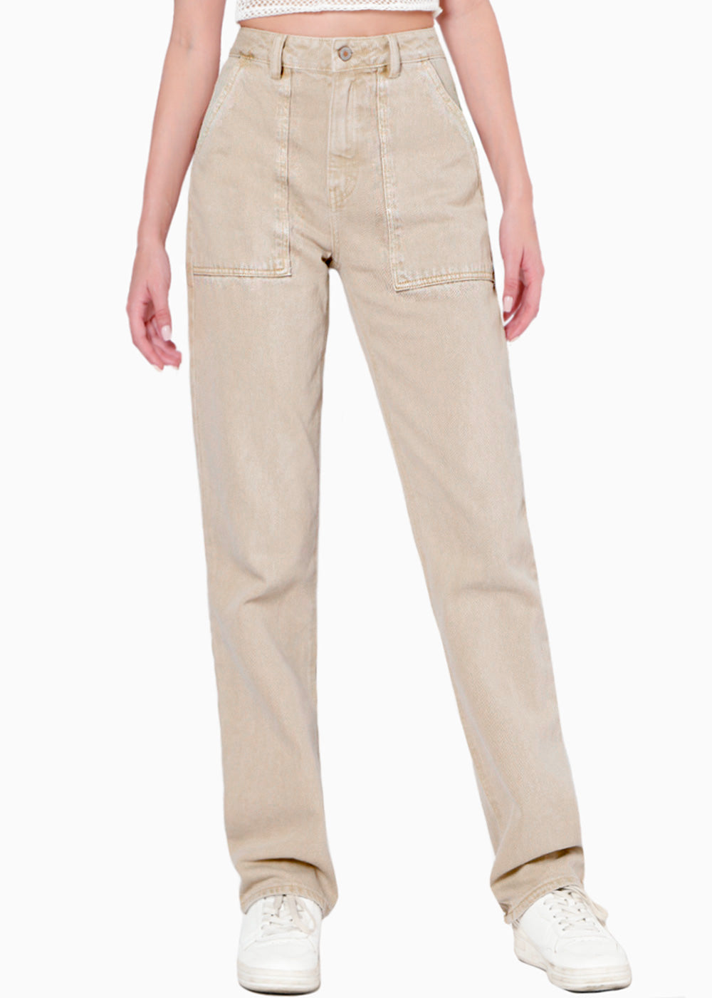 Tiro Alto Pantalon Mujer Beige Jean Recto De Tiro Alto Con Corte