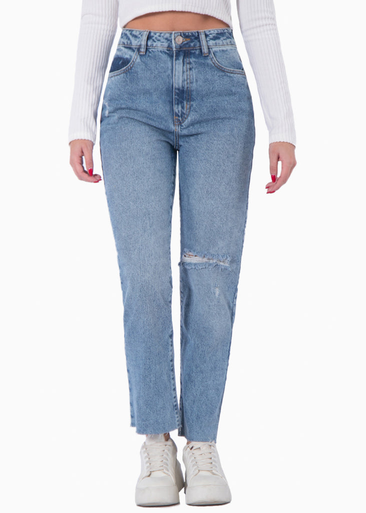 Jean recto de tiro alto con rotos color azul, denim para mujer - Flashy