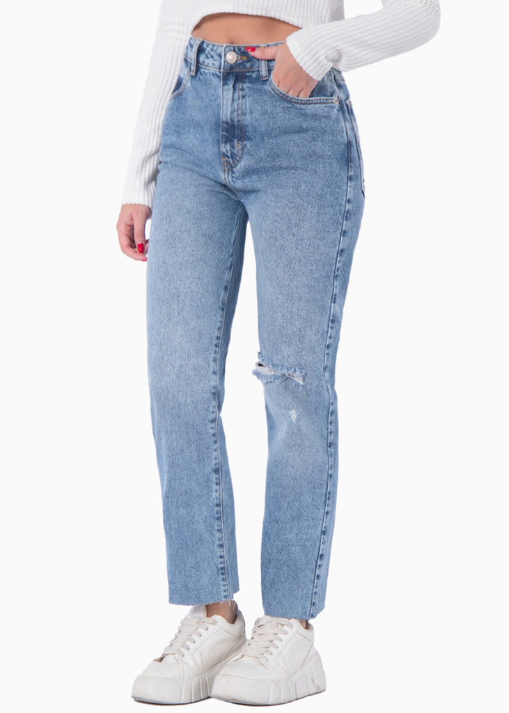 Jean recto de tiro alto con rotos color azul, denim para mujer - Flashy