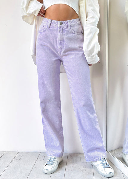Jean recto de tiro alto full length color lila, denim para mujer - Flashy