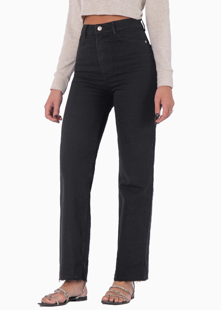 Jean recto de tiro alto full length color negro, denim para mujer - Flashy