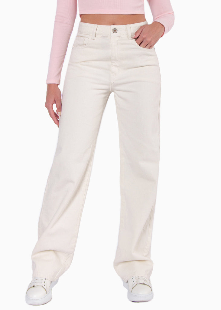 Jean recto de tiro alto full length color marfil, denim para mujer - Flashy