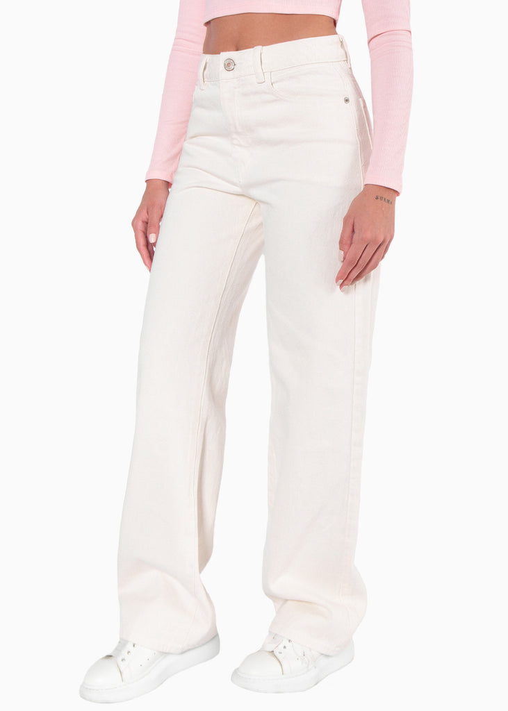 Jean recto de tiro alto full length color marfil, denim para mujer - Flashy