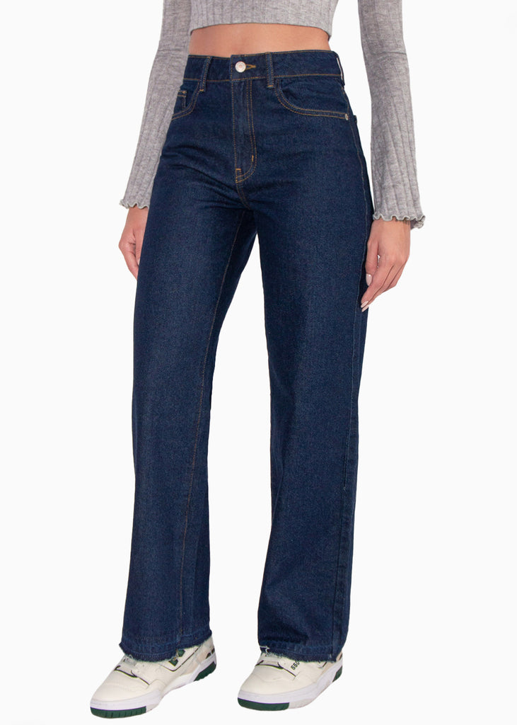 Jean recto de tiro alto full length color azul, denim para mujer - Flashy