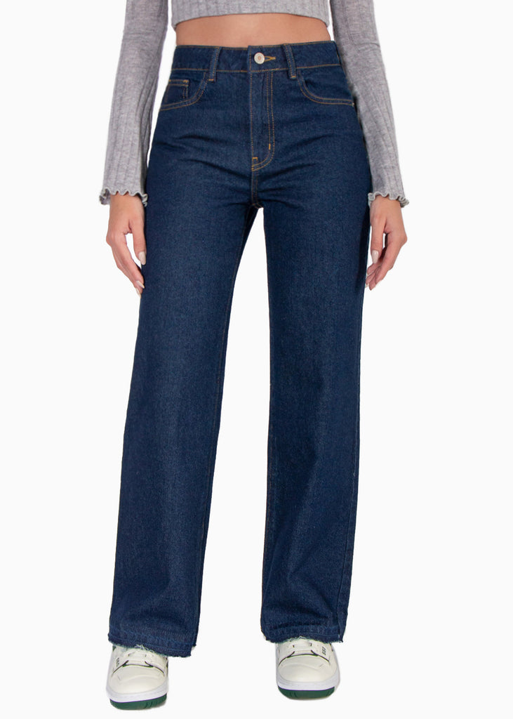 Jean recto de tiro alto full length color azul, denim para mujer - Flashy