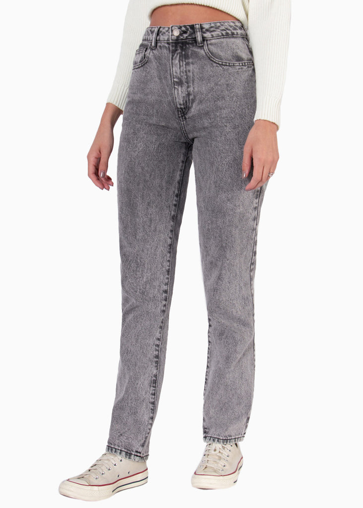 Jean recto de tiro alto color gris, denim para mujer - Flashy