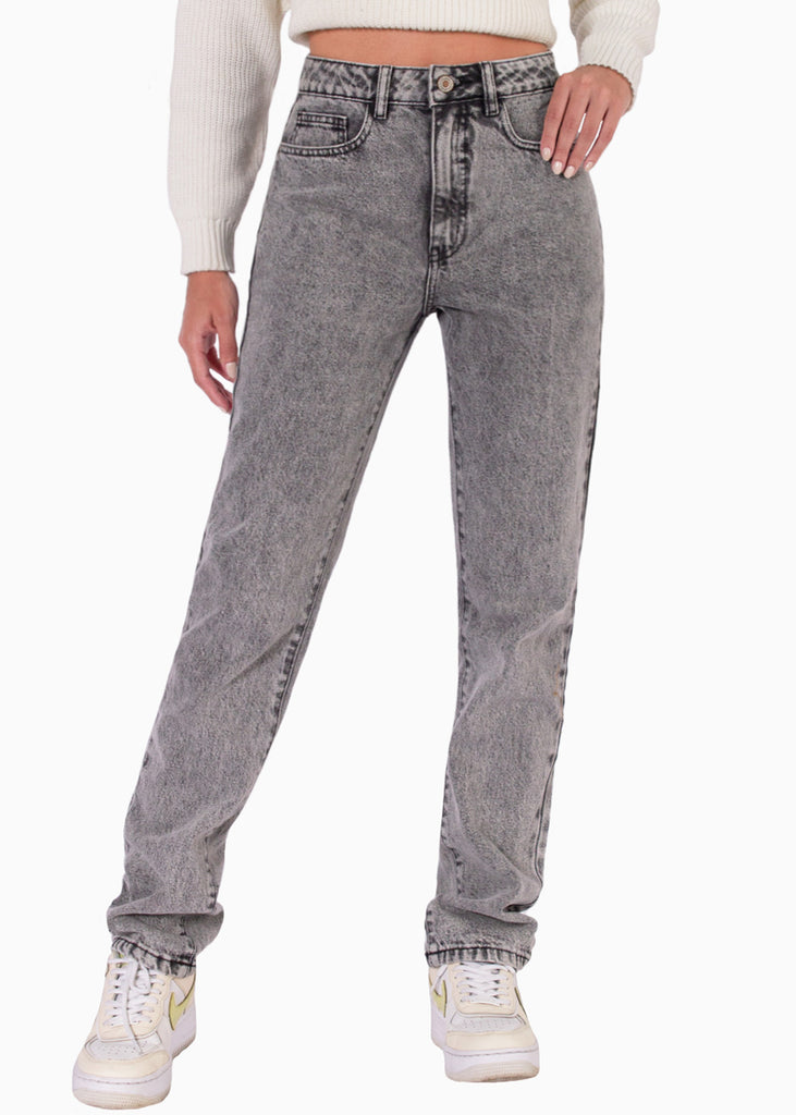 Jean recto de tiro alto color gris, denim para mujer - Flashy