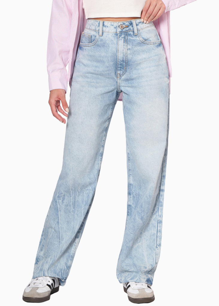Jean recto de tiro alto color azul, denim para mujer - Flashy