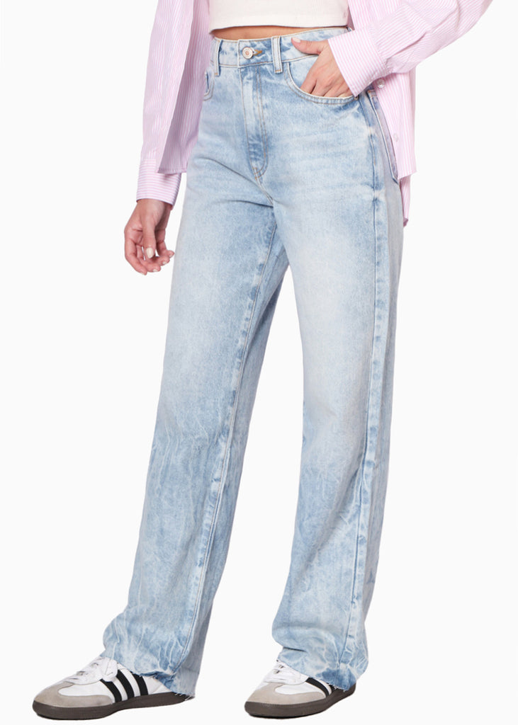 Jean recto de tiro alto color azul, denim para mujer - Flashy