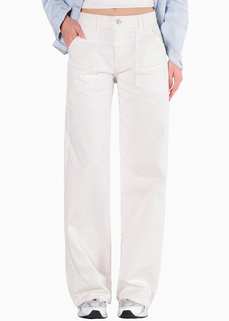Jean recto de tiro medio con corte en bolsillos color blanco, marfil para mujer - Flashy