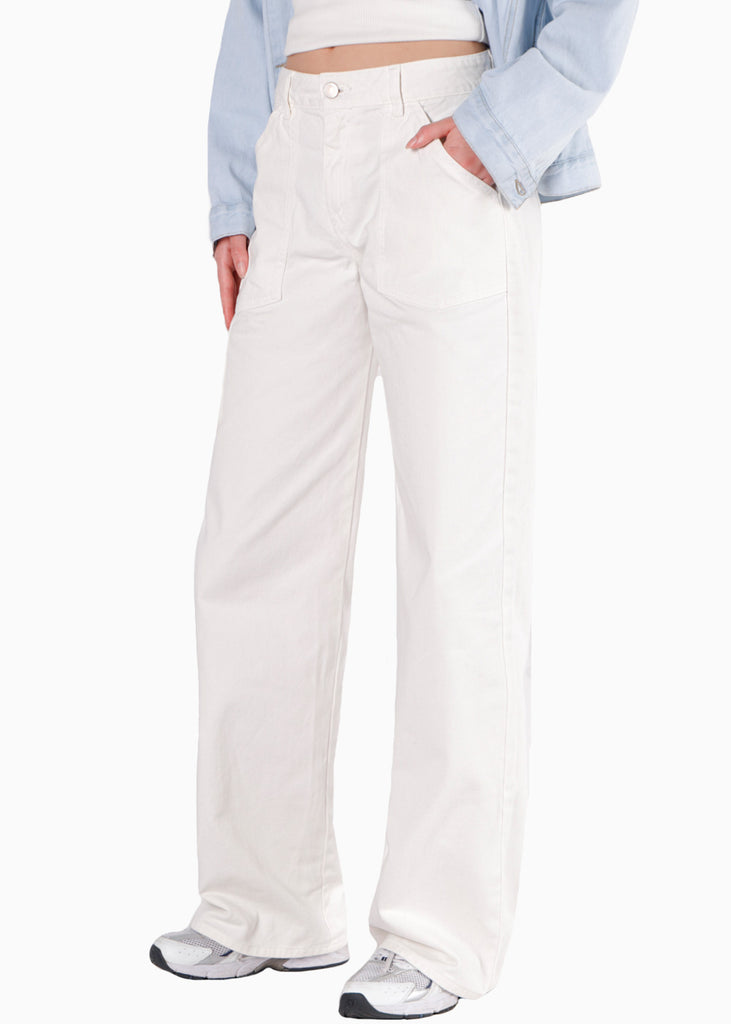 Jean recto de tiro medio con corte en bolsillos color blanco, marfil para mujer - Flashy