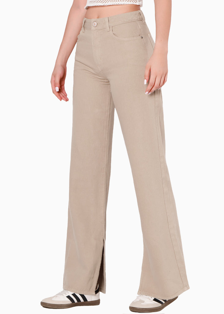 Jean wide leg full length de tiro alto color beige para mujer - Flashy