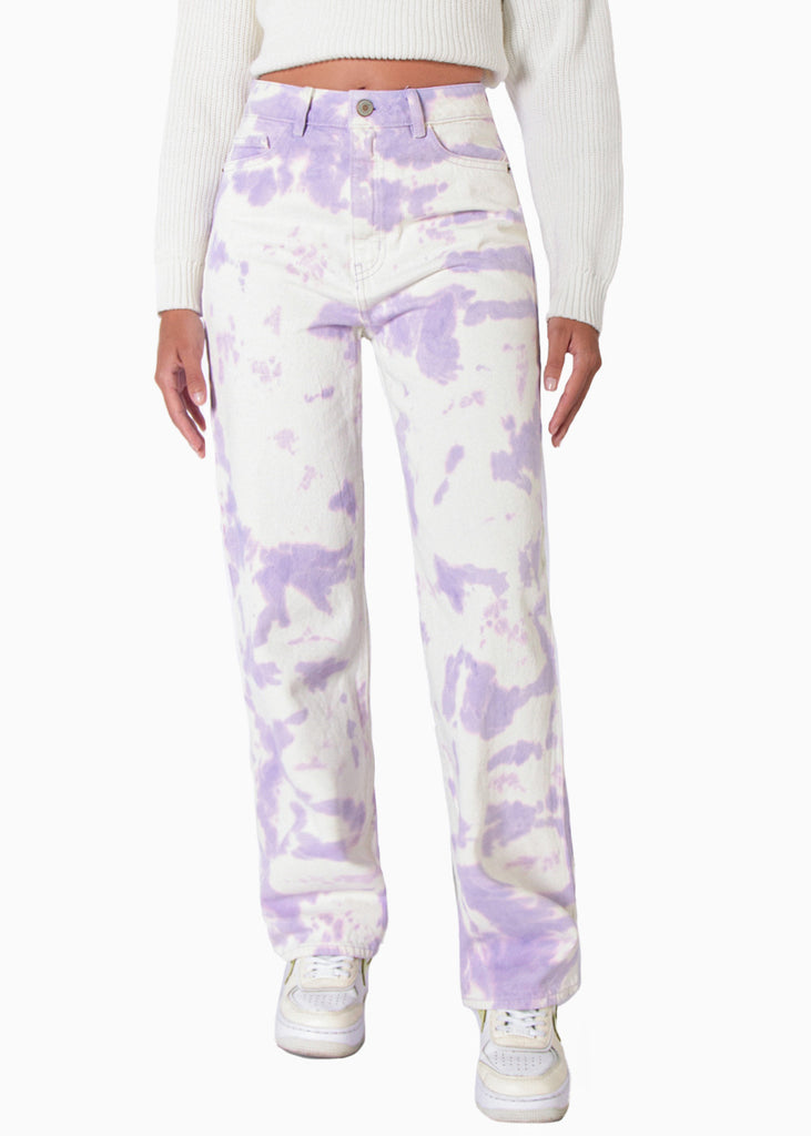 Jean recto tie die de tiro alto full length color lila, marfil, denim para mujer - Flashy
