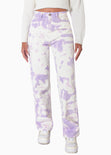 Jean recto tie die de tiro alto full length color lila, marfil, denim para mujer - Flashy