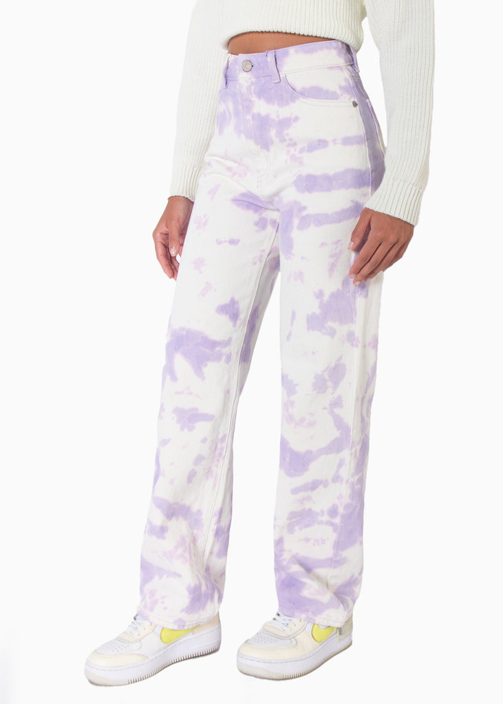 Jean recto tie die de tiro alto full length color lila, marfil, denim para mujer - Flashy