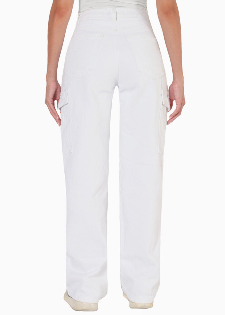 Jean recto tipo cargo con bolsillos laterales color blanco, denim para mujer - Flashy