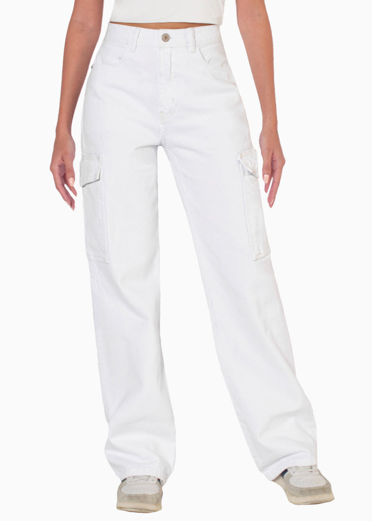 Jean recto tipo cargo con bolsillos laterales color blanco, denim para mujer - Flashy